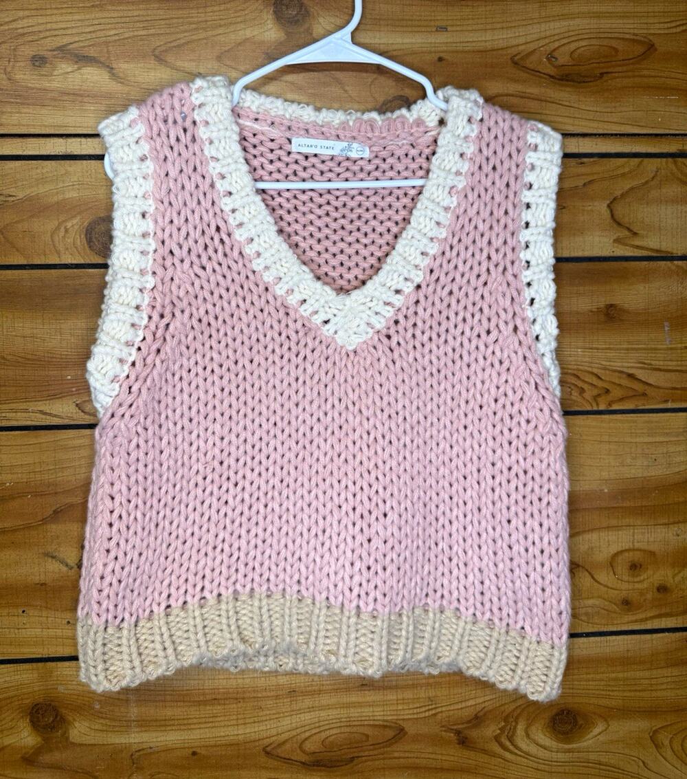 Altar'd State Pink/Ivory Chunky Knit V-Neck Sweater Vest Ribbed Trim XL/XXL
